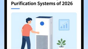 Футуристичная иллюстрация интеллектуальной системы очистки воздуха в современном интерьере для борьбы с аллергией